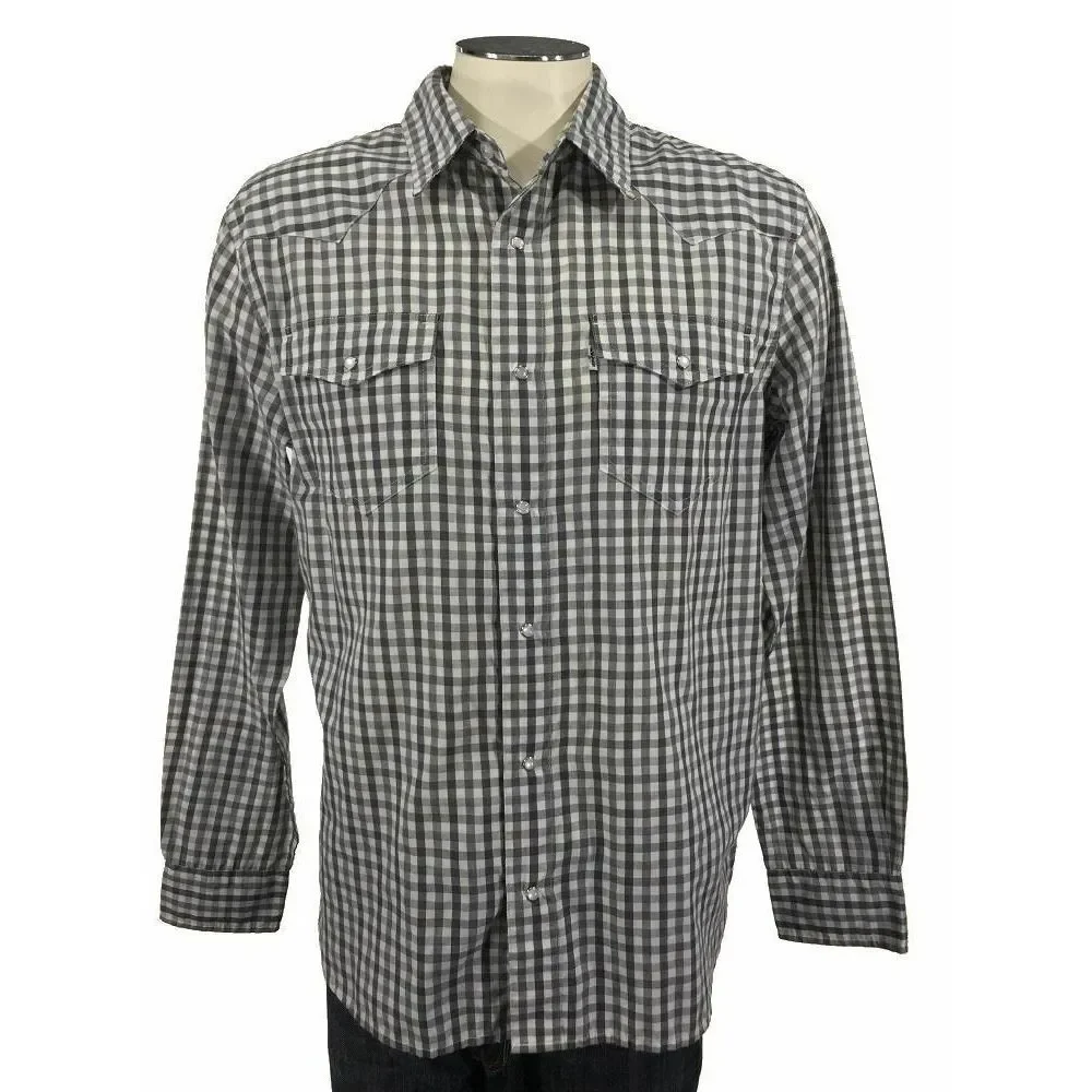 Levis Western Pearl‎ Snap Shirt M Modern Gray White Plaid Cowboy Mens